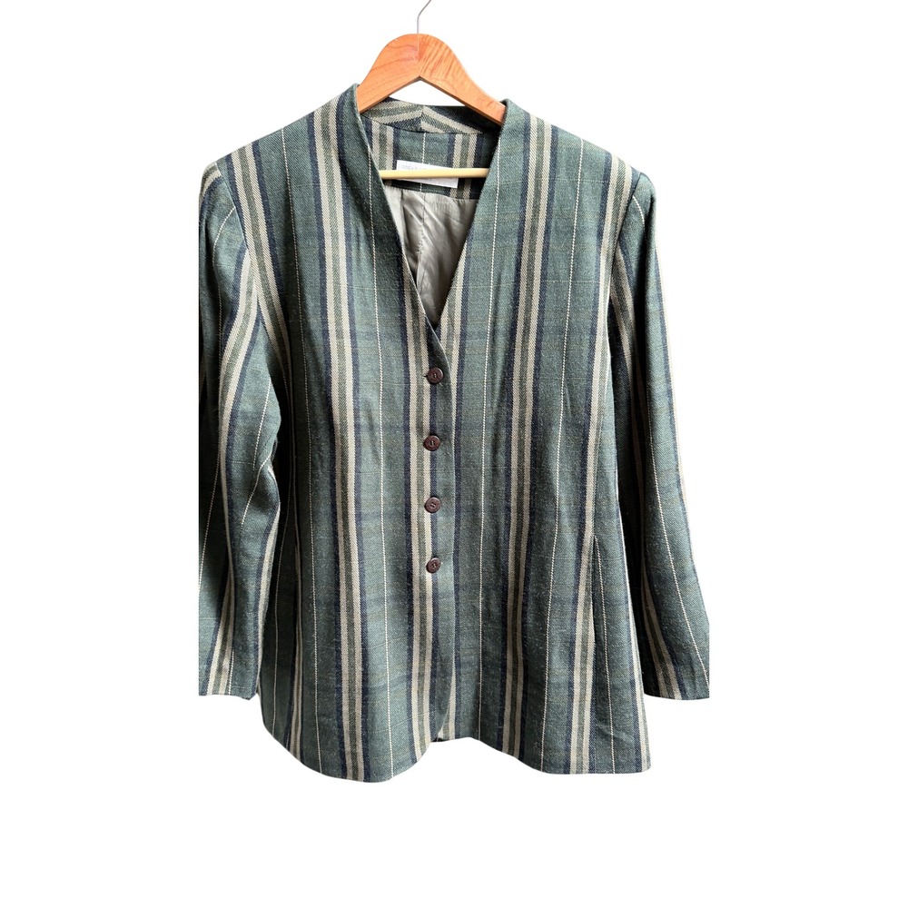Oscar de la Renta Basics Blazer Striped Green Jacket 44 Vintage Retro Academia